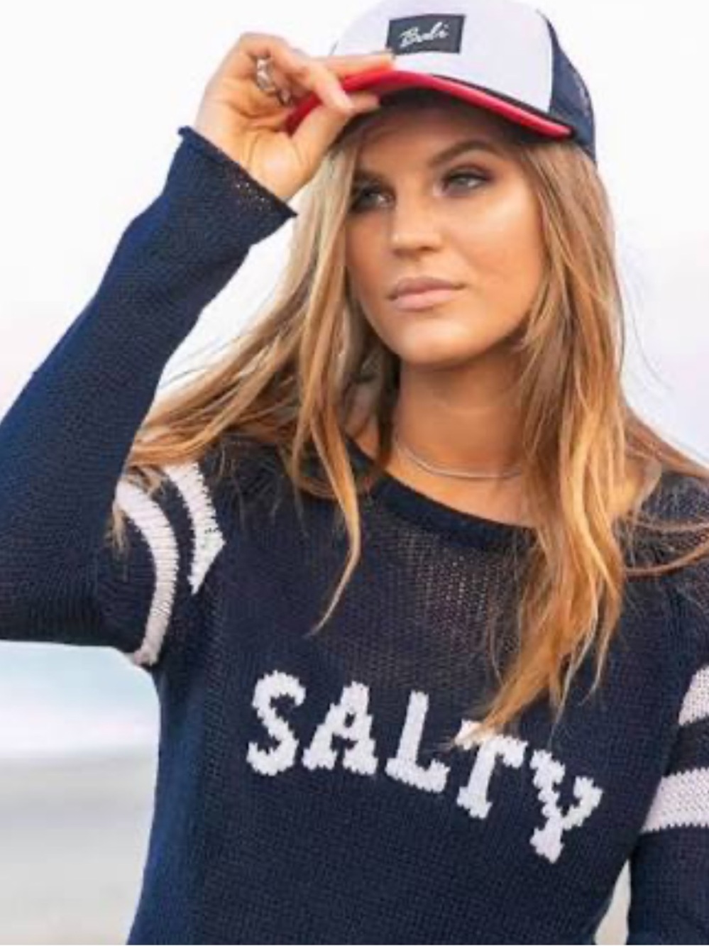 Wooden Ships Salty Graphic Blue Knit Sweater Coastal Nautical Beach Bohemian